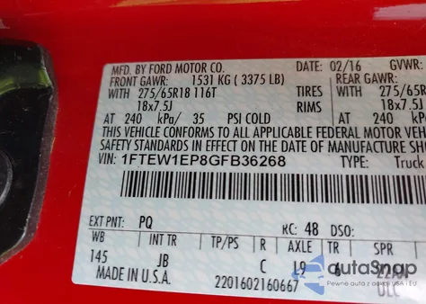 2016 Ford F-150 Xlt из США, поврежденный, VIN 1FTEW1EP8GFB36268